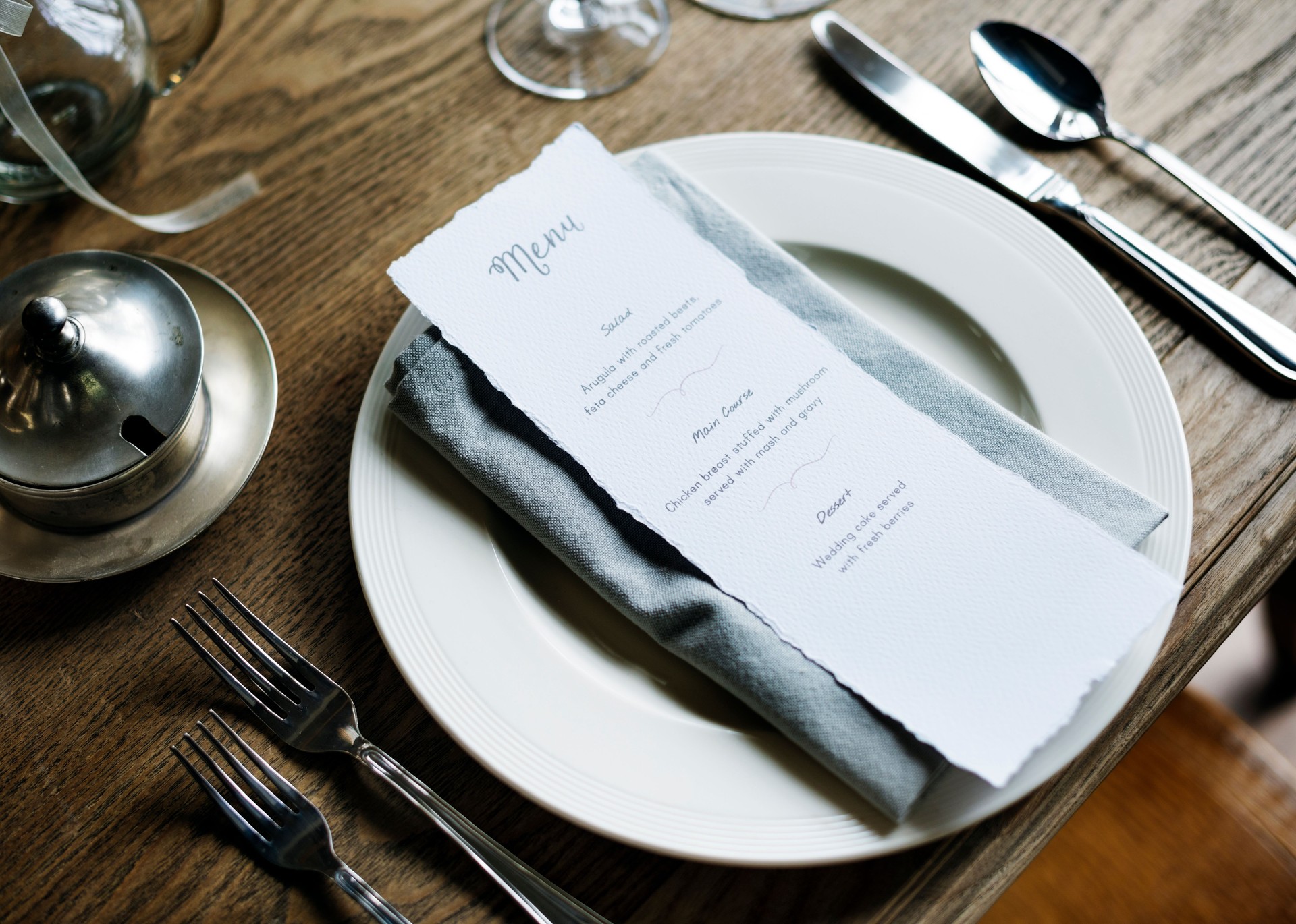 Elegant Restaurant Table Setting Service for Reception with Menu Card